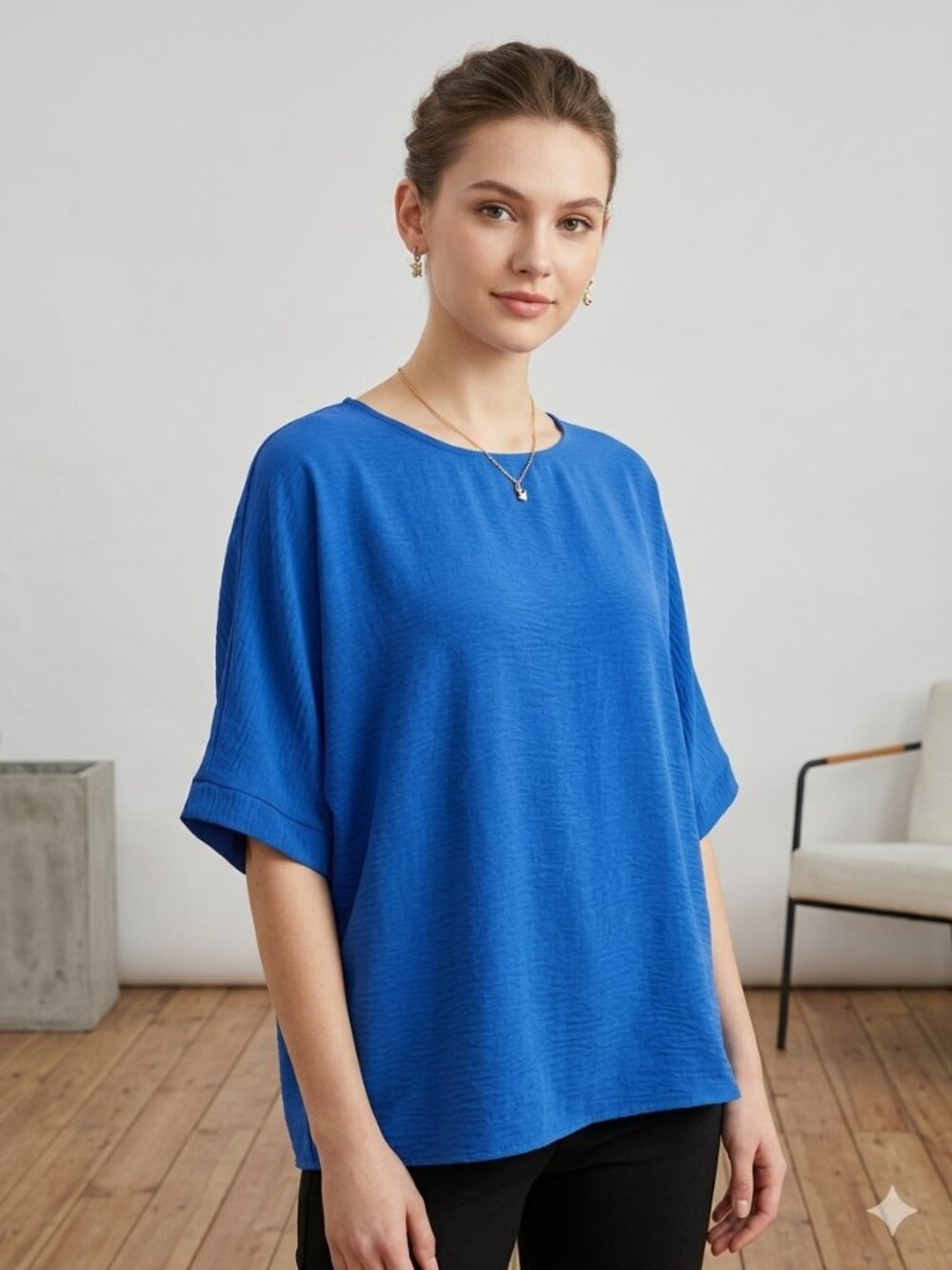 Vibrant Blue Dolman Blouse Size L + Gold Tone Necklace & Earrings 3PC Set